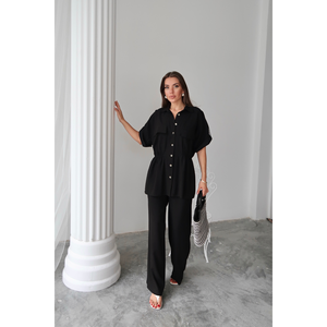 Conjunto de Camisa y Pantalones de Lino Negro para Mujer, Cintura con Cordón, Corte Holgado, Largo por Encima de la Rodilla, Estilo Oficina, Tops Cortos de Verano - Product Image 6
