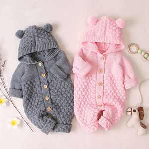 Combinaison en tricot pour nouveau-né, combinaison à manches longues pour tout-petit, combinaison à capuche pour bébé avec motif d'ours, vêtements d'hiver, vente chaude - Product Image 3