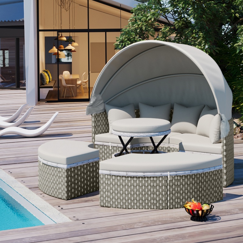 Gris + Rotin PE + Fer + Tissu imperméable + Mousse