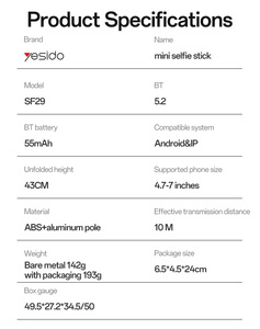 Yesido Perche à selfie mini en métal avec trépied renforcé, rotation 360°, longueur 43 cm, télécommande détachable BT5.2, <span class=keywords><strong>support</strong></span> de téléphone SF29 - Product Image 5