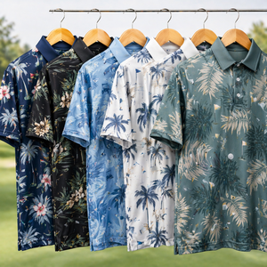 เสื้อโปโลพิมพ์ลายทรอปิคอลสำหรับผู้ชาย ระบายอากาศได้ดี แห้งเร็ว ผลิตจากโพลีเอสเตอร์ผสมสแปนเด็กซ์ น้ำหนักเบา ประสิทธิภาพสูง รับทำโลโก้ตามสั่ง OEM - Product Image 1