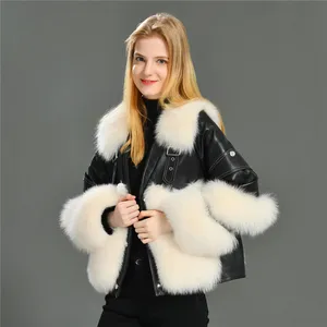 New Arrival Ladies Genuine Sheepskin Leather With Real Fox Fur Coats Love Heart Pattern Winter Fashion Women Leather Fur Jacket