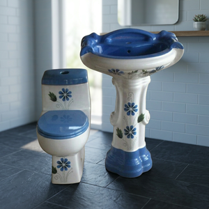 Ensemble de salle de bain en céramique Vitrosa noir, comprenant une toilette monobloc et un lavabo sur pied, motif floral, articles sanitaires - Product Image 4