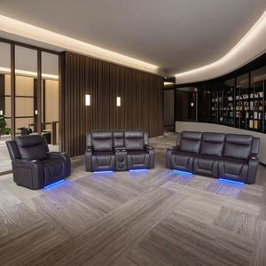 Sofá Seccional de Cuero Marrón con Bluetooth, Muebles de Sala de Estar, Sofá Reclinable Eléctrico con Luces LED - Product Image 1