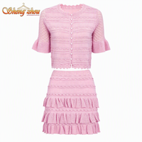 Ensemble tricoté pour femme, couleur unie, col rond, haut à manches courtes orné de perles et mini-jupe à volants cascade, patchwork, plissé, ajouré