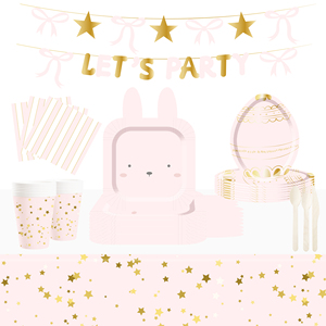 DAMAI - Juego de Decoración para Fiesta de Pascua, Vajilla Desechable al por Mayor, Platos de Papel con Diseño de Conejo Rosa, Huevo y Estrella, Mantel - Product Image 1
