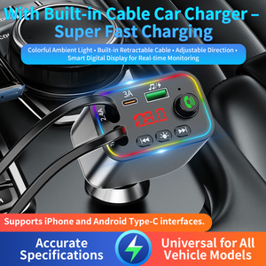 Adaptateur de charge rapide pour voiture, émetteur FM, chargeur de voiture rétractable, appel mains libres, récepteur audio, émetteur radio, lecteur MP3 - Product Image 2