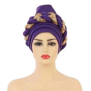 Vente en gros musulman nigérian Sequin <span class=keywords><strong>tresse</strong></span> Hijab Style arabe africain femmes Turban exagéré bal femmes nœud papillon perle bandeau chapeau - Product Image 4