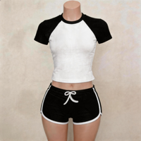 Vêtements tendance pour femmes 2026 – Ensemble décontracté 2 pièces color block avec haut raglan et short à cordon de serrage, logo personnalisé, coton élasthanne