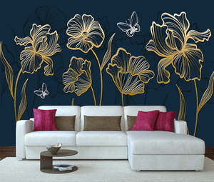 Mural de Pared Floral Dorado de Lujo, Diseño de Líneas en Relieve, Papel Tapiz <span class=keywords><strong>Azul</strong></span> Marino, Papel Tapiz 3D para el Hogar - Product Image 6