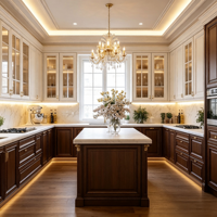 Armoires de cuisine classiques en bois de noyer avec finition de luxe en marbre blanc crème et moulures décoratives pour projets sur mesure en gros