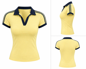 เสื้อโปโลออกกำลังกายผู้หญิงทรงสลิมฟิต ดีไซน์ OEM คอวี แถบสีตัดกัน แขนสั้น เสื้อยืดกีฬา - Product Image 2