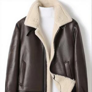 Chaqueta de Motociclista para Hombre, Estilo Retro, Primavera, Piel de Oveja Marrón, Cuello Alto con Capucha, Corte Regular, Impermeable, Transpirable y Resistente al Viento - Product Image 1