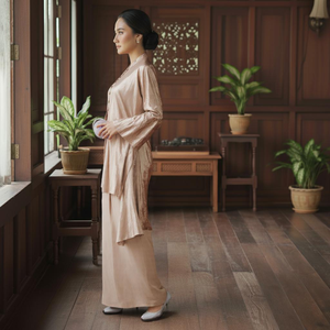 Robe maxi formelle modeste musulmane vintage brodée écologique sans repassage en dentelle et crêpe, vente en gros de Baju Kurung - Product Image 2