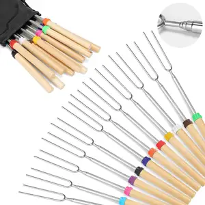 Регулируемые палочки для запекания зефира, раздвижные вилки с деревянной ручкой для барбекю, костер, туристическая плита, инструменты для барбекю