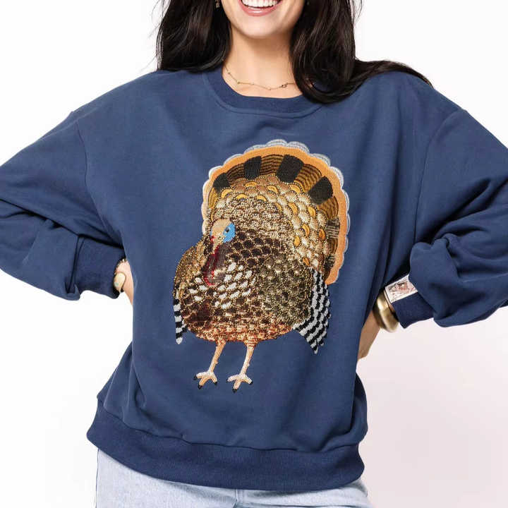 Smoke Gray Corded Ribbed Thanksgiving Turkey Sequin Patched Sleeve gobble Baggy Sweatshirt main image 0