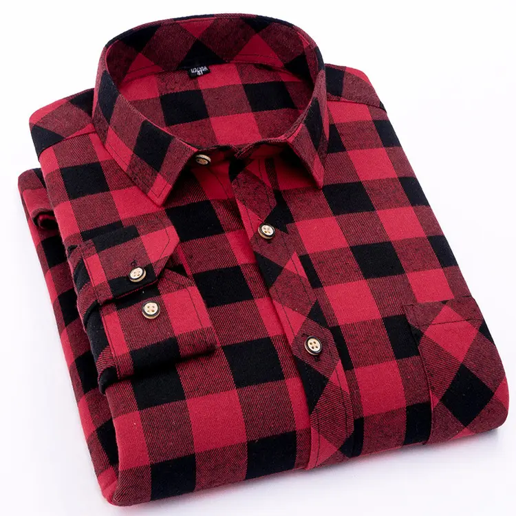 Wholesale Men's Plus Size Plaid Shirts Casual Stylish Flannel Brushed Long Sleeve Shirt for Men