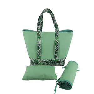 Summer Canvas Beach Bag Set(Bag Straw Mat Pillow) Collapsible Women Tote Handbag Outside Bag Set