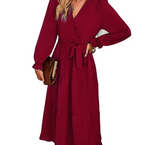 Abito Lungo Casual da Donna <span class=keywords><strong>Primavera</strong></span>/<span class=keywords><strong>Estate</strong></span> <span class=keywords><strong>2023</strong></span>, Nuovo Modello con Scollo a V, Tinta Unita e Ampia Gonna - Product Image 1