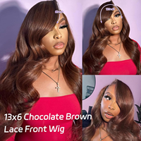 Peluca frontal de encaje marrón chocolate, densidad 200, 13x6 HD, cabello ondulado, pre-arrancada, frontal teñida, sin pegamento, de cabello humano para mujer