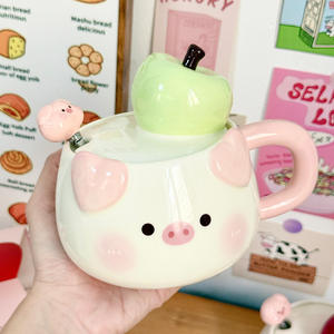 Tasse en céramique Dragon Nest Pig 401-500ml avec couvercle et cuillère pour filles, couple, tasse à café, cadeau - Product Image 1