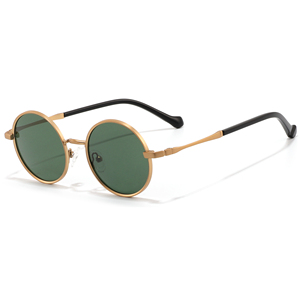 <b>Round</b> <b>Sunglasses</b> Full Rim Gold <b>Frame</b> Green Lenses UV400 Protection Unisex Adult Casual Retro Style - Product Image 1