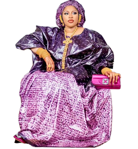 Robe Dashiki Africaine en Coton Respirant Brodé et Gaufré, Motif Floral Parfumé Violet, Traditionnelle du Mali pour Femme - Product Image 1
