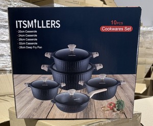 Ensemble de casseroles <span class=keywords><strong>en</strong></span> granit noir de luxe, 10 pièces, <span class=keywords><strong>en</strong></span> aluminium texturé côtelé, avec poignées effet bois, couvercles <span class=keywords><strong>en</strong></span> verre, cadeau de cuisine - Product Image 3