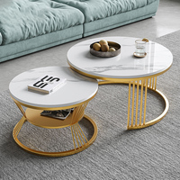 Table Basse Ronde Moderne de Luxe Nordique en Marbre Blanc Simple avec Plateau en Métal et Dorure, Ensemble de Tables Gigognes pour Salon Maison