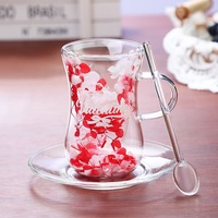 Tasse à café moderne en verre borosilicate à double paroi, avec fleurs séchées naturelles, soucoupe et cuillère, idéale pour les cadeaux