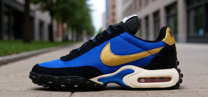 Nike Air Max Waffle Racer SP Hyper Blue Metallic Gold Chaussures de basket-ball décontractées unisexes à lacets avec semelle extérieure en caoutchouc - Product Image 2