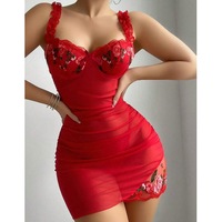 Gaun Tidur Seksi Hitam Transparan Berbahan Mesh dengan Bordir Bunga Mawar Pink dan Renda, Pakaian Tidur Boudoir Lingerie