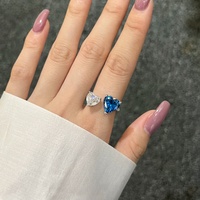 Vente en gros de nouveaux bijoux à la mode en argent S925 avec anneaux ouverts réglables en forme de double cœur rose et bleu pour femmes