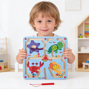 Jeu de puzzle Montessori <span class=keywords><strong>2</strong></span>-en-<span class=keywords><strong>1</strong></span> en bois : <span class=keywords><strong>labyrinthe</strong></span> de perles sur le thème de l'océan et jeu d'échecs volants pour enfants - Product Image 1