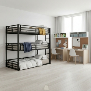 Cama Triple Moderna de Metal, Dos Camas Individuales Superpuestas con Barandillas y Escalera para Niños, Adultos, Escuelas y Hoteles - Product Image 3