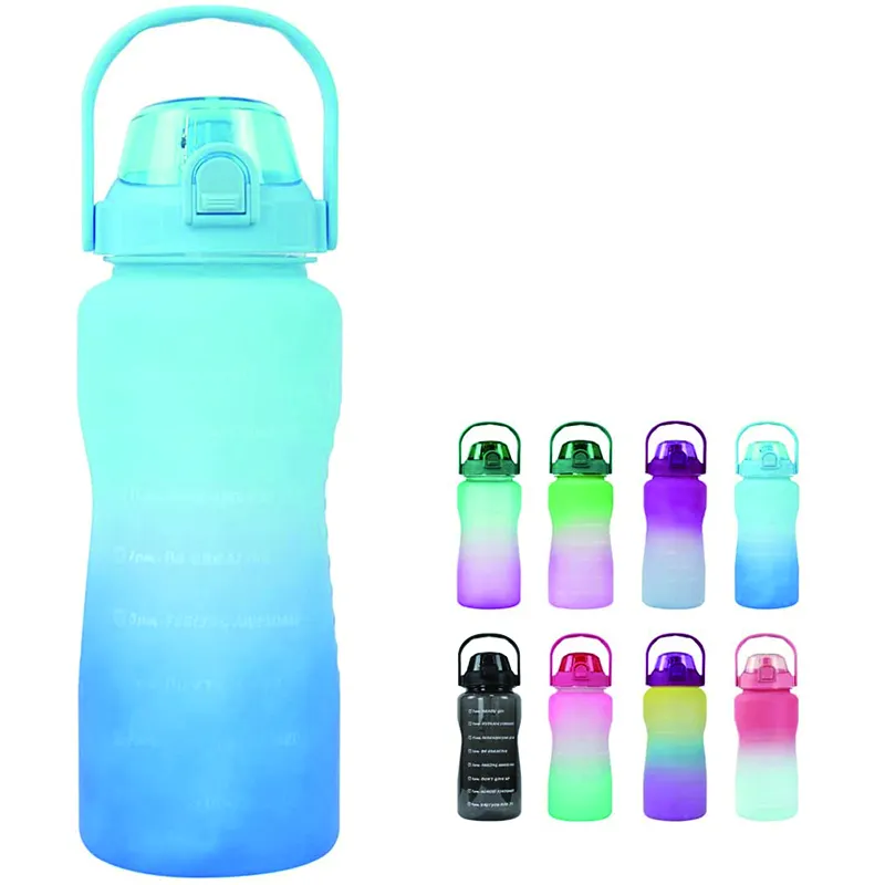 Bouteille d'eau en plastique transparent sans BPA, 2l, demi-gallons, pour sportif, Fitness, gymnastique, marqueurs de temps et paille