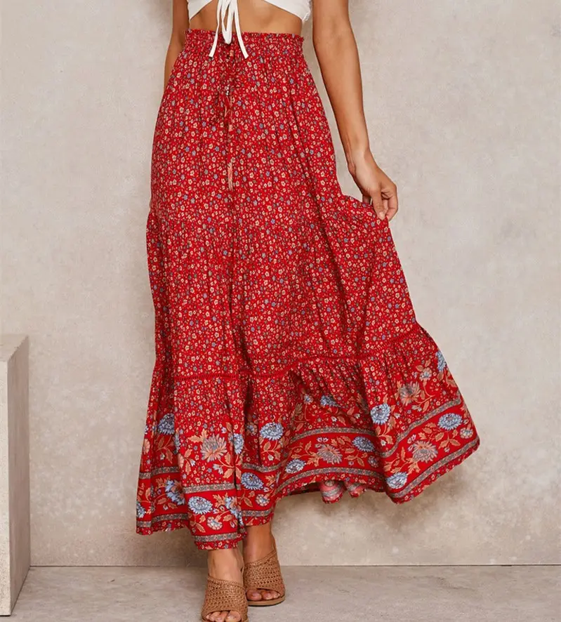 Red Bohemian Print Woman Skirts Casual printed holiday long skirt summer elegant ladies printed bottoms Rayon Maxi Skirt