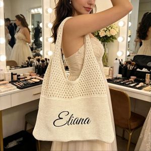 Crochet Polyester Tote <b>Bridesmaid</b> <b>Gift</b> Knitted Beach Embroidered Name Bachelorette Party Summer Shoulder <b>Bag</b> - Product Image 5