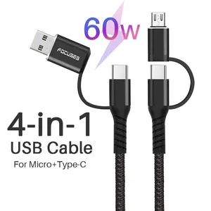 PD 60W Fast Charging 3 4 in 1 USB Cable 3a nylon Braided Cable Micro Kabel 5 in 1 USB C To USB C To Type C Multi Charger Cable