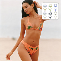 Set Bikini Kain Ramah Lingkungan Daur Ulang, Atasan Halter Segitiga & Bawahan Pinggang Sedang dengan Bordir Tropis untuk Pantai