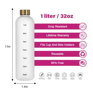 Botol air plastik motivasi olahraga bebas BPA Tritan sublimasi buram tahan bocor 1L kustom dengan penanda waktu