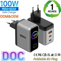 Chargeur numérique 100W 65W GaN pliable avec prise EU pour mobile, tablette, ordinateur portable, chargeur USB-C Type-C, chargeurs rapides USB-C avec écran