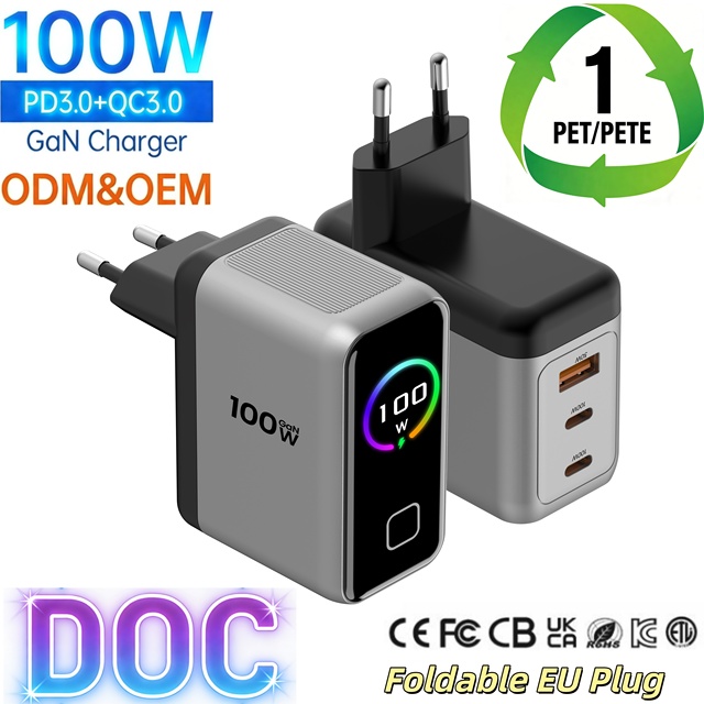 100w 65w Digital Charger Gan Foldable EU Plug Mobile Tablet Laptop Usb c Charger Type c Type-c Usb-c Fast Chargers with Display