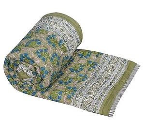 Indian Lila Green Organic Cotton Quilt Hand Block Printed Cozy Boho Bedding for Hotel Rustic <b>Home</b> <b>Textile</b> for Comfortable - Product Image 1