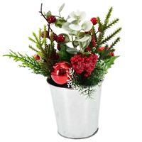 Planta en Maceta Navideña con Bayas Rojas, Ramas de Pino, Hojas de Eucalipto y Bola Decorativa de 9.84 Pulgadas, Decoración Navideña para Mesa