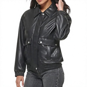 Chaqueta Bomber Extra Grande de Cuero Sintético para Mujer, Chaqueta Casual con Cierre y Bolsillos con Solapa para Otoño e Invierno - Product Image 1
