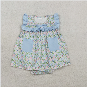 Vestido Tipo Romper para Bebés Niñas, Modelo SR3752, con Estampado Floral Azul - Product Image 1
