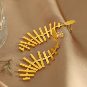 Boucles d'oreilles géométriques en forme d'arête de poisson, en alliage de Zinc doré, pour femmes, bijoux à la mode pour fête, EH86 - Product Image 1