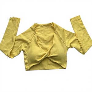 Top de Yoga para Mujer, Amarillo, Cuello Cruzado, Manga Tres Cuartos, Transpirable, Mezcla de Algodón y Spandex, Diseño Drapeado con Torsión Frontal - Product Image 4