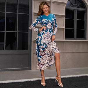 بيع بالجملة عبر الحدود أزياء أنيقة المرأة المطبوعة فستان الشيفون بأكمام طويلة طول الكلمة الأزهار الإمبراطورية فستان عارضة - Product Image 1